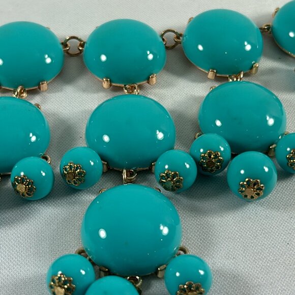 Faux Turquoise Bubble Plastic Beaded Bib Necklace Gold Tone Drop Statement - Picture 9 of 10